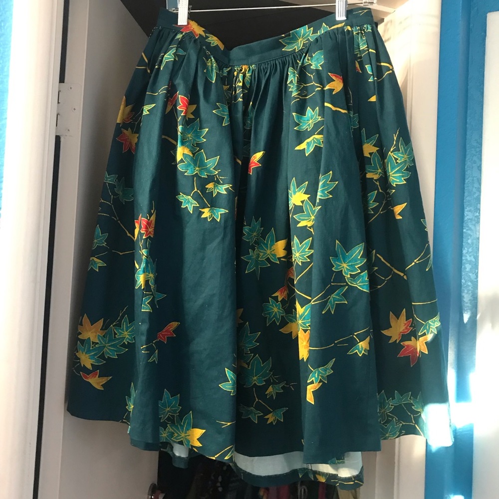 Pinup Couture Teal A-Line Skirt with Yellow & Red Leaf Print